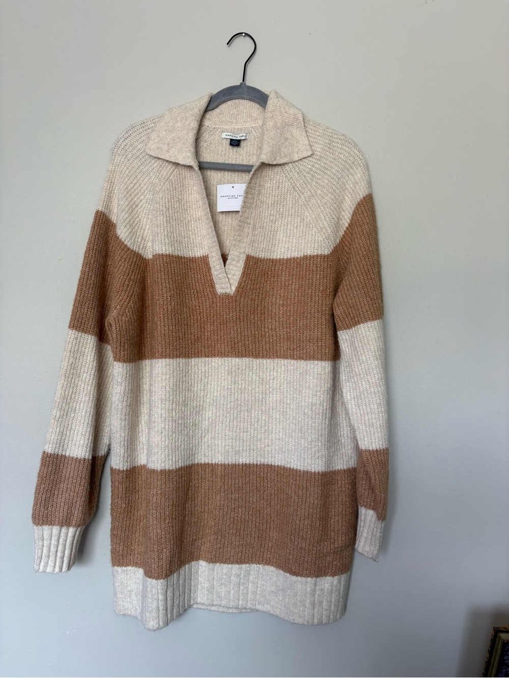American Eagle Outfitters Striped V-Neck Pullover - Cream & Brown long .